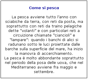 Casella di testo: Come si pesca

La pesca avviene tutto lanno con sciabiche da terra, con reti da posta, ma soprattutto con reti da traino pelagiche dette volanti e con particolari reti a circuizione chiamate ciancioli e lampare: quando i banchi di alici si radunano sotto le luci proiettate dalle barche sulla superficie del mare, ha inizio la manovra di accerchiamento.
La pesca  molto abbondante soprattutto nel periodo della posa delle uova, che nel Mediterraneo avviene fra maggio e settembre. 
