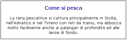 Casella di testo: Come si pesca

La rana pescatrice si cattura principalmente in Sicilia, nellAdriatico e nel Tirreno con reti da traino, ma abbocca molto facilmente anche ai palangari di profondit ed alle lenze di fondo.
